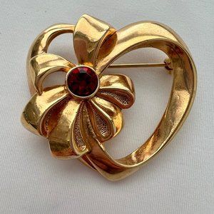 Vintage AVON Gold Tone Heart Red Rhinestone Brooch Pin